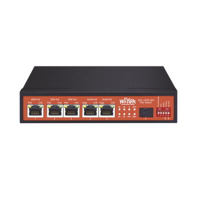 Switch No Administrable de 5 puertos Gigabit PoE (802.3af/at/bt y Pasivo de 24 Vcc) + 1 puerto SFP Gigabit, con controlador de carga para baterías
