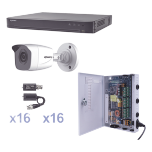KIT TurboHD 1080p / DVR 16 Canales / 16 Cámaras Bala (exterior 2.8 mm) / Transceptores / Conectores / Fuente de Poder Profesional