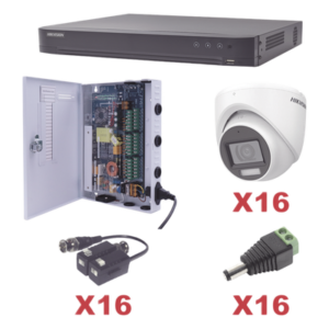 KIT TurboHD 1080p / DVR 16 Canales / 16 Cámaras Turret con Audio Integrado (Exterior 2.8 mm) / Transceptores / Conectores / Fuente de Poder Profesional