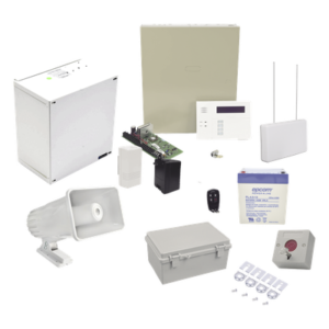 Kit de alarma vecinal con panel de 48 zonas, hasta 40 botones de pánico inalámbricos y sirena exterior