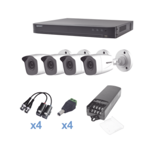 KIT TurboHD 1080p / DVR 4 Canales / 4 Cámaras Bala Metálicas (exterior 2.8 mm) / Transceptores / Conectores / Fuente de Poder Profesional