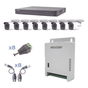 KIT TurboHD 1080p / DVR 8 Canales / 8 Cámaras Bala (exterior 2.8 mm) / Transceptores / Conectores / Fuente de Poder Profesional hasta 15 Vcc para Larga Distancias