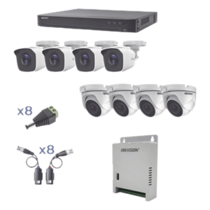 KIT TurboHD 1080p / DVR 8 Canales / 4 Cámaras Bala (exterior 2.8 mm) / 4 Cámaras Eyeball (exterior 2.8 mm) / Transceptores / Conectores / Fuente de Poder Profesional hasta 15 Vcc para Largas Distancias