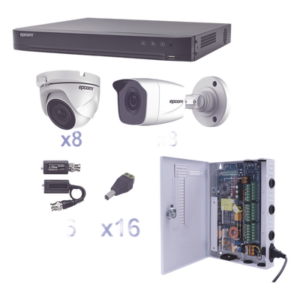 KIT TurboHD 1080p / DVR 16 Canales / 8 Cámaras Bala (exterior 2.8 mm) / 8 Cámaras Eyeball (exterior 2.8 mm) / Transceptores / Conectores / Fuente de Poder Profesional