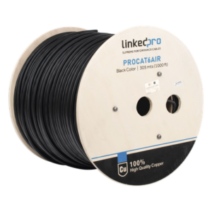 Bobina de Cable FTP con Mensajero de Acero de 305 Metros (1000 Pies) Cat6+ Calibre 23, Color Negro, para Aplicaciones en Video Vigilancia y Redes de Datos / Uso en Intemperie y Aplicaciones Aéreas