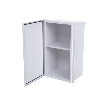 Gabinete Acero Galv. para 2 Baterías PL110D12 (400 x 730 x 300mm). Puerta Sin Ventilación. Acc. para piso o poste No incluidos.