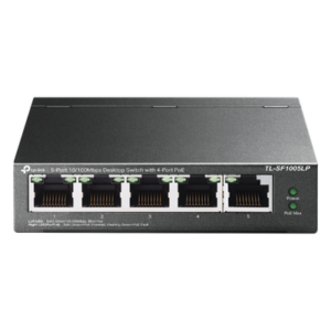 Switch PoE No Administrable de Escritorio / 5 puertos 10/100 Mbps / 4 puertos PoE af / Presupuesto 41 W / Modo extensor PoE hasta 250 metros / Calidad video prioritaria