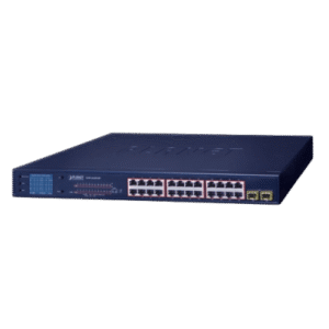 Switch PoE de 24 Puertos Gigabit 802.3af/at con Modo Extendido 250 m, 2 Puertos SFP 1000SX , Pantalla LCD para Configuración Básica, Hasta 300 W para PoE