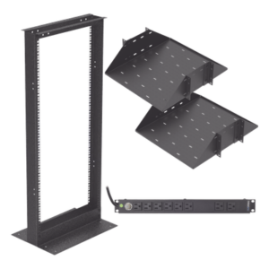 Kit de Rack Estándar 19", 24 UR con 2 Charolas y PDU (8 tomas). Ideal para UPS y Servidores tipo Torre.