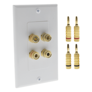 KIT 1 Placa de Pared + 2 Pares Conectores Banana (Rojo+Negro) | Postes de Unión Tipo Banana | Conexión para 2 Altavoces | Fácil Instalación | Conectores Chapados en Oro