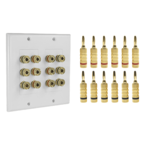 KIT 1 Placa de Pared + 6 Pares Conectores Banana (Rojo+Negro) | Postes de Unión Tipo Banana | Conexión para 6 Altavoces | Fácil Instalación | Conectores Chapados en Oro