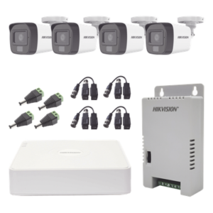 Kit TURBOHD 1080p / DVR 4 Canales / 4 Cámaras con Micrófono Integrado y 101° Visión / Luz Blanca + IR Visión Nocturna / Transceptores / Conectores / Fuente de Poder Profesional Compacta