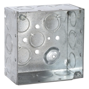 Caja Cuadrada Galvanizada de 4" x 4", profundidad de 2 1/8". Cuenta con 10 KO de 1/2" y 6 TKO (1/2" - 3/4"))