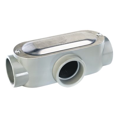 Caja oval roscada tipo T de 1 1/4" (31.8 mm) incluye tapa y tornillos.
