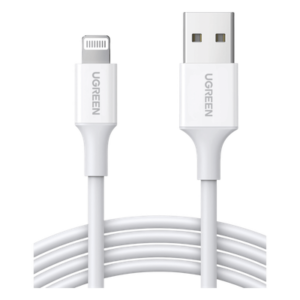 Cable USB-A a Lightning | 1 Metro | Certificado MFi | Carga Rápida 5V/2.4 A| 480 Mbps | PD | Conector C89 | Adecuado para iPhone, iPad y iPod | Protección Integrada | Caja de ABS | Cubierta de TPE | Color Blanco.