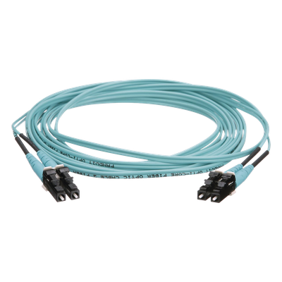 Jumper de Fibra Óptica Multimodo 50/125 OM4, LC-LC Duplex, OFNR (Riser), Color Aqua, 15 Metros (49.21 Pies)