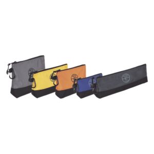 KIT 5 Bolsos Ultra Resistentes para Herramientas con Base y cierre Zipper, Colores: gris claro, amarillo, naranja, azul, gris oscuro. Todos con Mosquetones de Aluminio.