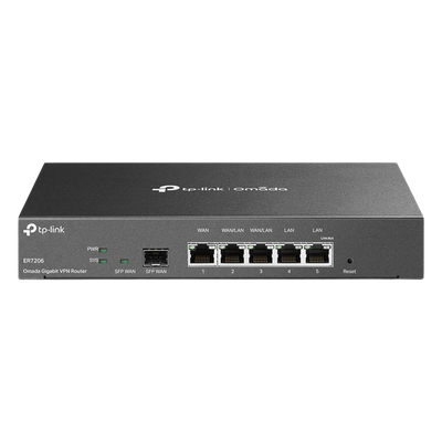 Router Omada VPN / SDN Multi-WAN Gigabit / 1 Puerto WAN SFP Gigabit / 1 Puerto WAN RJ45 Gigabit / 2 Puertos LAN RJ45 Gigabit / 2 Puertos Configurables LAN/WAN / 150,000 Sesiones Concurrentes / Administración Centralizada Omada o Stand-Alone