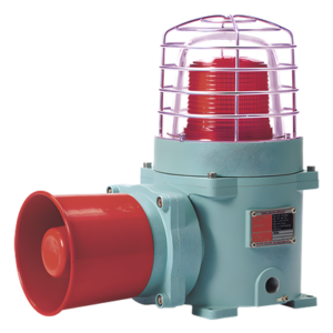Combinación de baliza LED color Rojo con patrón fijo y flasheante con sirena electrónica, volumen máx. 120 dB para zonas peligrosas A 24 VCD
