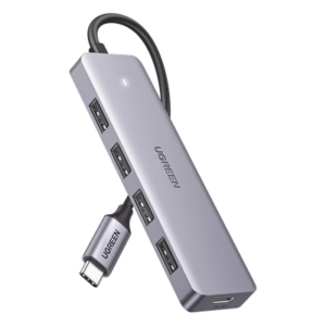 HUB USB-C 3.0 4 EN 1 | 4 Puertos USB-A (5Gbps) | Carcasa ABS + PC | Soporta OTG | Luz Indicadora LED | Compatible con iPhone 15 Pro MAX) | Interfaz Niquelada | Color Gris Metalizado | Cable de 15cm.