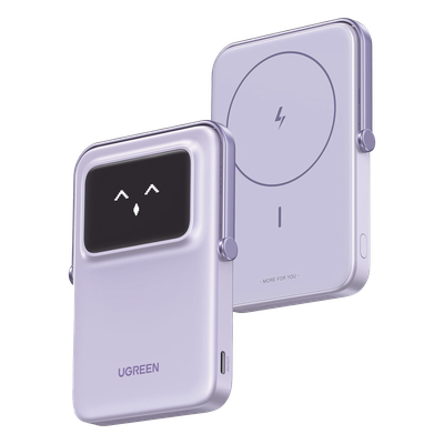 Power Bank Serie UNO Inalambrico | 10000mAh | 7.5W/20W | Con Emojis de Estado | Carga Rápida USB-C Bidireccional | Pantalla TFT Inteligente | Con Holder | Color Purple.