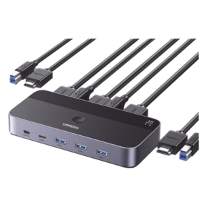 Conmutador KVM HDMI 4K | HDMI 2.0 | 2 Entradas 1 Salida | 4 Puertos USB 3.0 (3 USB-A *1 USB-C) | Soporta 4K@60Hz | HDR | Indicador Led | Compatible Win, MacOs y Linux | Carcasa de Aluminio.