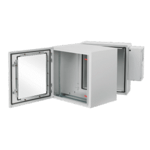 Gabinete Industrial ProTek de Puerta con Ventana, Con Aire Acondicionado de 800 BTU, Protección NEMA Tipo 4/12; IP66; IK10, Abatible, Fabricado en Acero, 19 UR, Color Gris Claro