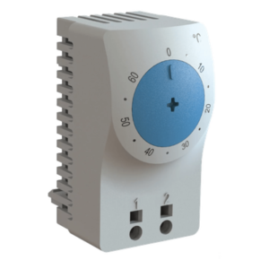 Termostato/Interruptor Para Control de Temperatura en Grados Celsius, Para Uso con Ventiladores, Con Terminales de Conexión, y Clip para Riel Din de 35 mm, Color Gris Claro