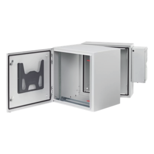 Gabinete Industrial ProTek de 12 UR Puerta Sólida de 612 x 600 x 789 mm Con Aire Acondicionado de 2000 BTU, Protección NEMA Tipo 4/12; IP66; IK10, Abatible, Fabricado en Acero, Color Gris Claro