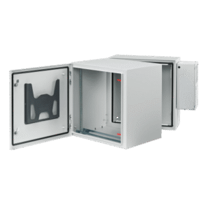Gabinete Industrial ProTek de Puerta Sólida, Con Aire Acondicionado de 4000 BTU, Protección NEMA Tipo 4/12; IP66; IK10, Abatible, Fabricado en Acero, 19 UR, Color Gris Claro