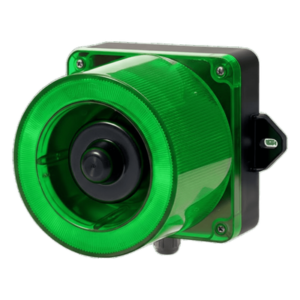 Combinacion de baliza LED color Verde y sirena electrónica de 31 tonos resistente a la intemperie de volumen máx. 123 dB a 12-24 VCD
