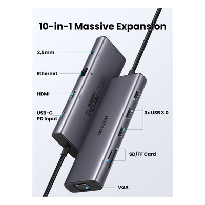 Hub USB-C 10 en 1 / HDMI 4K@30Hz + VGA 1920x1200 / 3x USB 3.0 5Gbps / Ethernet Gigabit / SD/TF Card Reader / PD 100W / Audio 3.5mm / Doble Pantalla Simultánea / Plug & Play Universal - Imagen 2