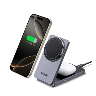 Cargador Inalámbrico 2 en 1 20W / Tecnología Qi2 15W Certificada / Carga Simultánea iPhone y AirPods / Ángulo Ajustable 70° / Diseño Plegable y Portátil / Compatibilidad Universal - Imagen 3